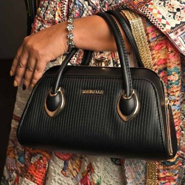 Textured Black Vegan Leather Satchel Bag