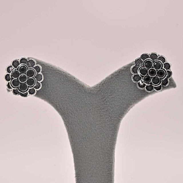 Elvia Black Stone Oxidized Silver Flower Stud