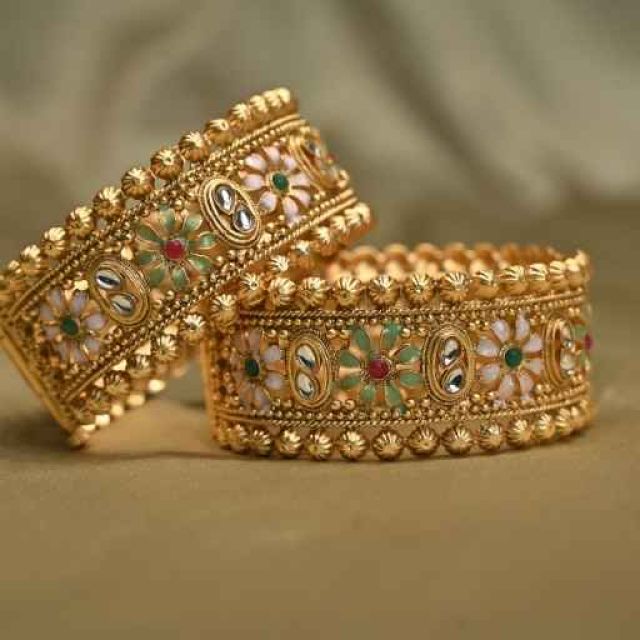 Green-Pink Kundan Bangles