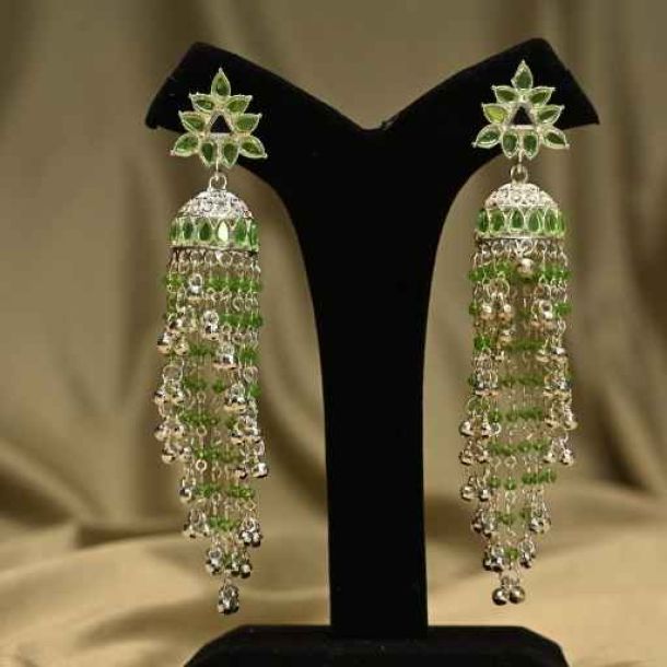 Green Gemstone Tassel Earrings on Display